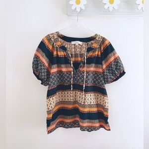 LOFT Petites XSP Boho Peasant Blouse Orange Navy Blue Short Puff Sleeve Top